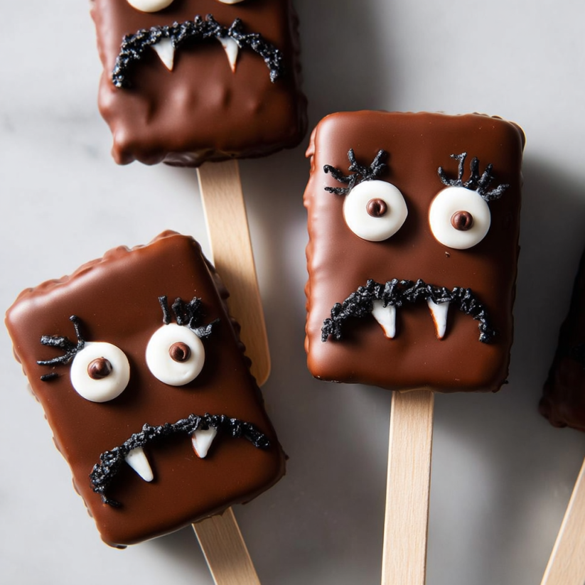 A close up of a chocolate dessert with a face drawn on it.