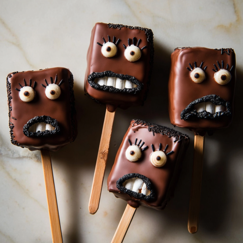 Four chocolate s'mores pops with faces drawn on them.