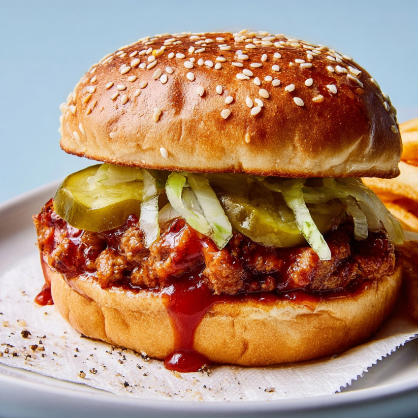 A BBQ chicken sloppy joe sandwich with pickles and onions.
