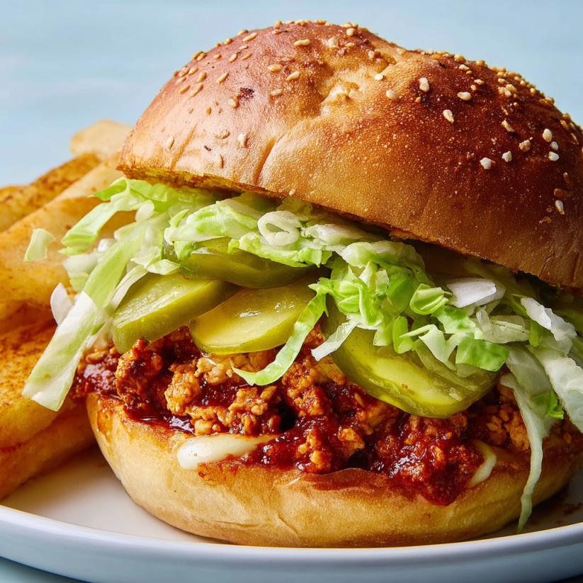 A BBQ chicken sloppy joe sandwich with lettuce and pickles.