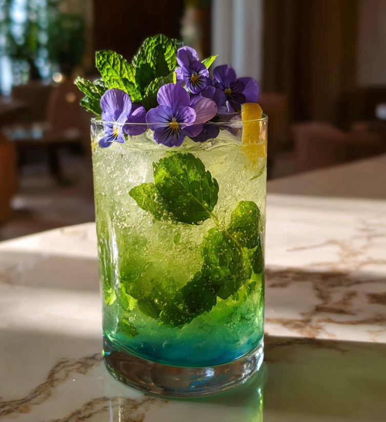 A glass of a virgin lavender mojito with mint leaves and purple flowers.