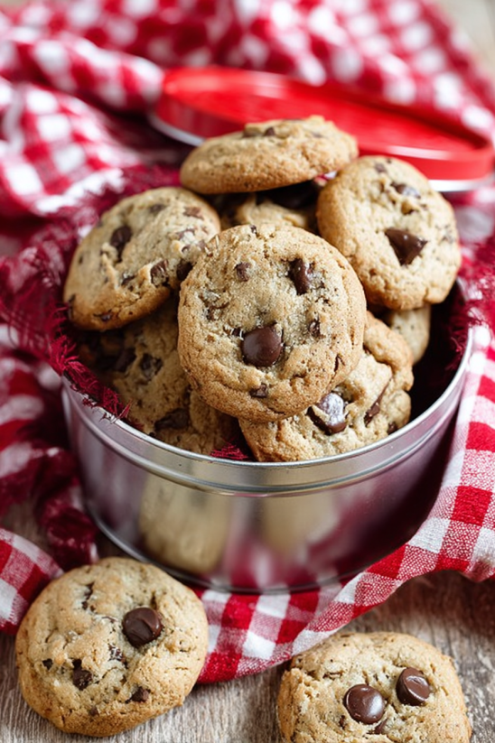 A tin of chewy coconut chocolate chip cookies.