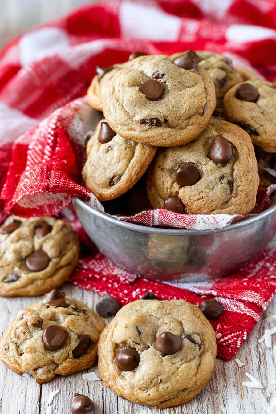 A bowl of chewy coconut chocolate chip cookies.