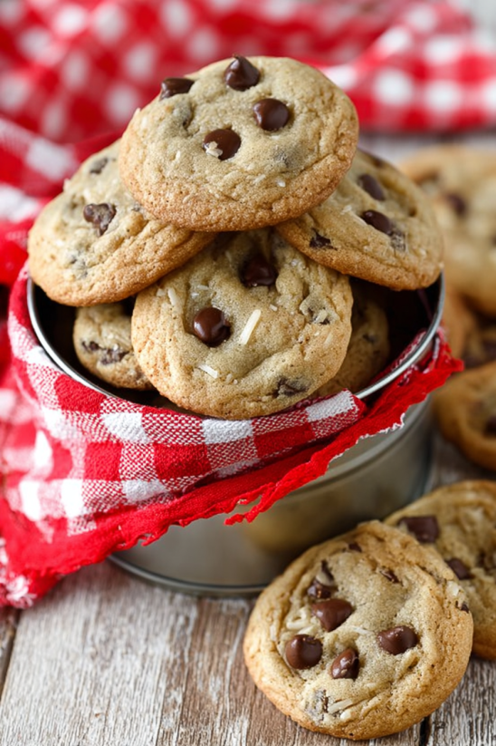 A stack of chewy coconut chocolate chip cookies.