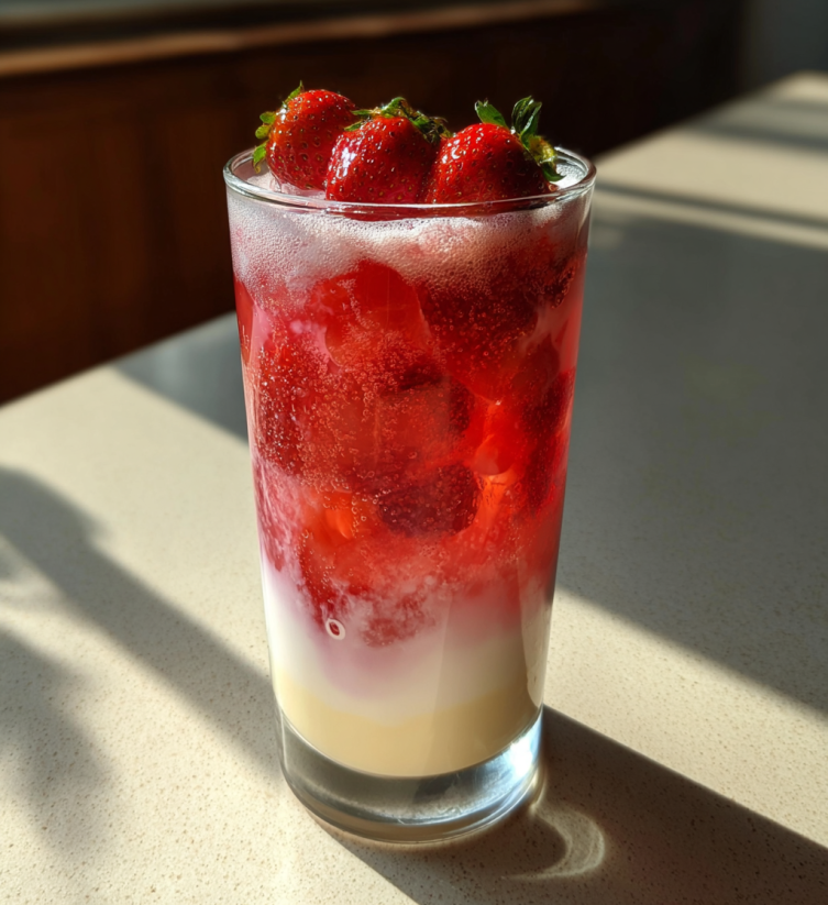 A glass of strawberry milk with strawberries on top.
