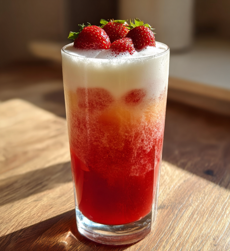 A glass of red and white drink with strawberries on top.