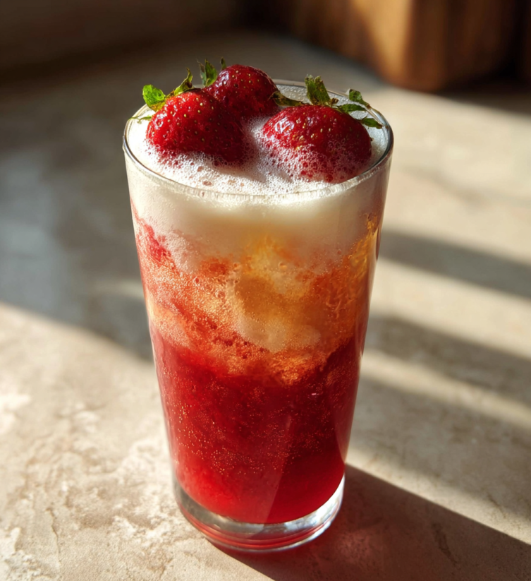 A glass of red liquid with strawberries on top.