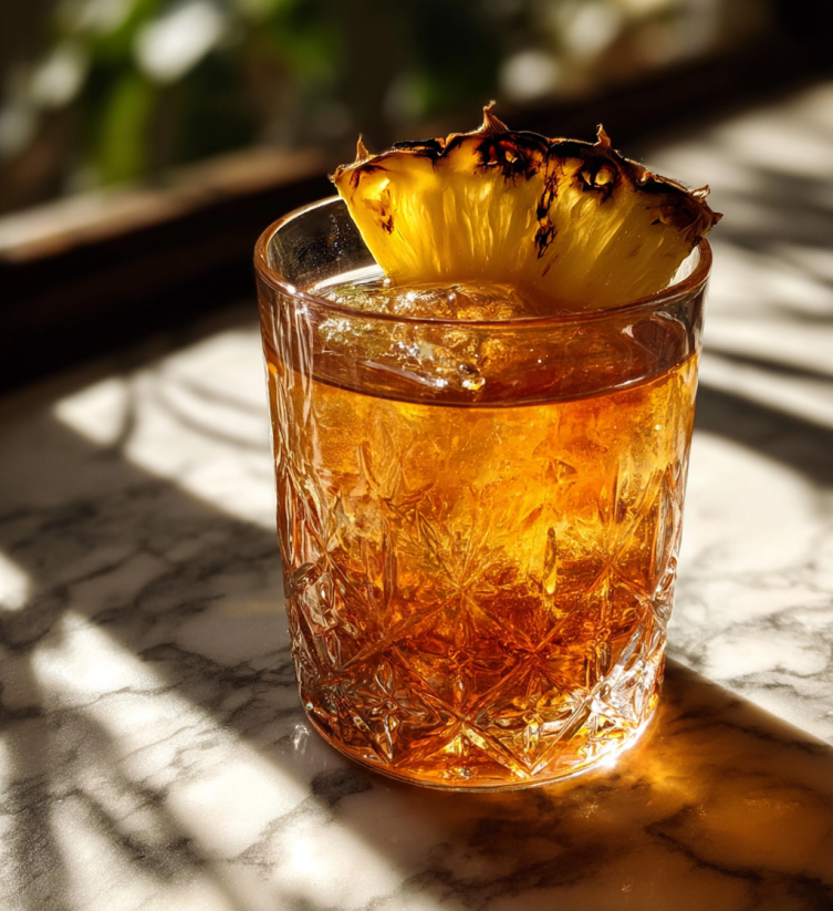 A glass of Charred Cinnamon Pineapple Old Fashioned.