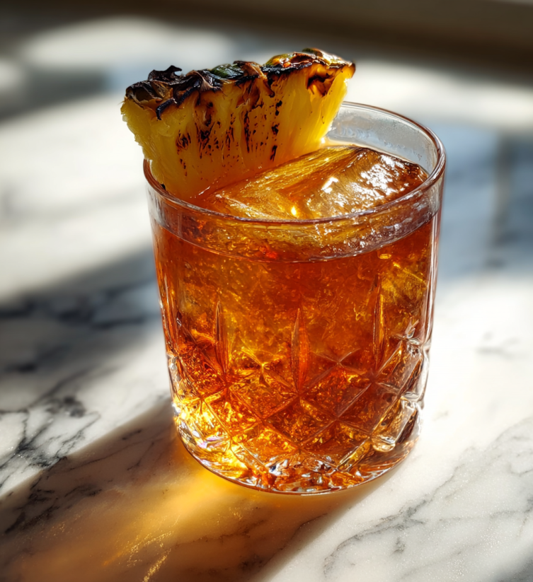 A glass of Charred Cinnamon Pineapple Old Fashioned.
