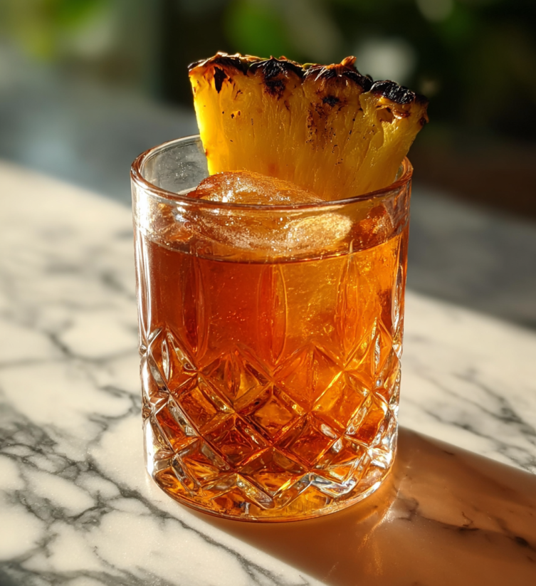 A glass of Charred Cinnamon Pineapple Old Fashioned.