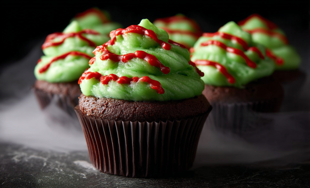 A cupcake with a green and red frosting and a red drizzle.