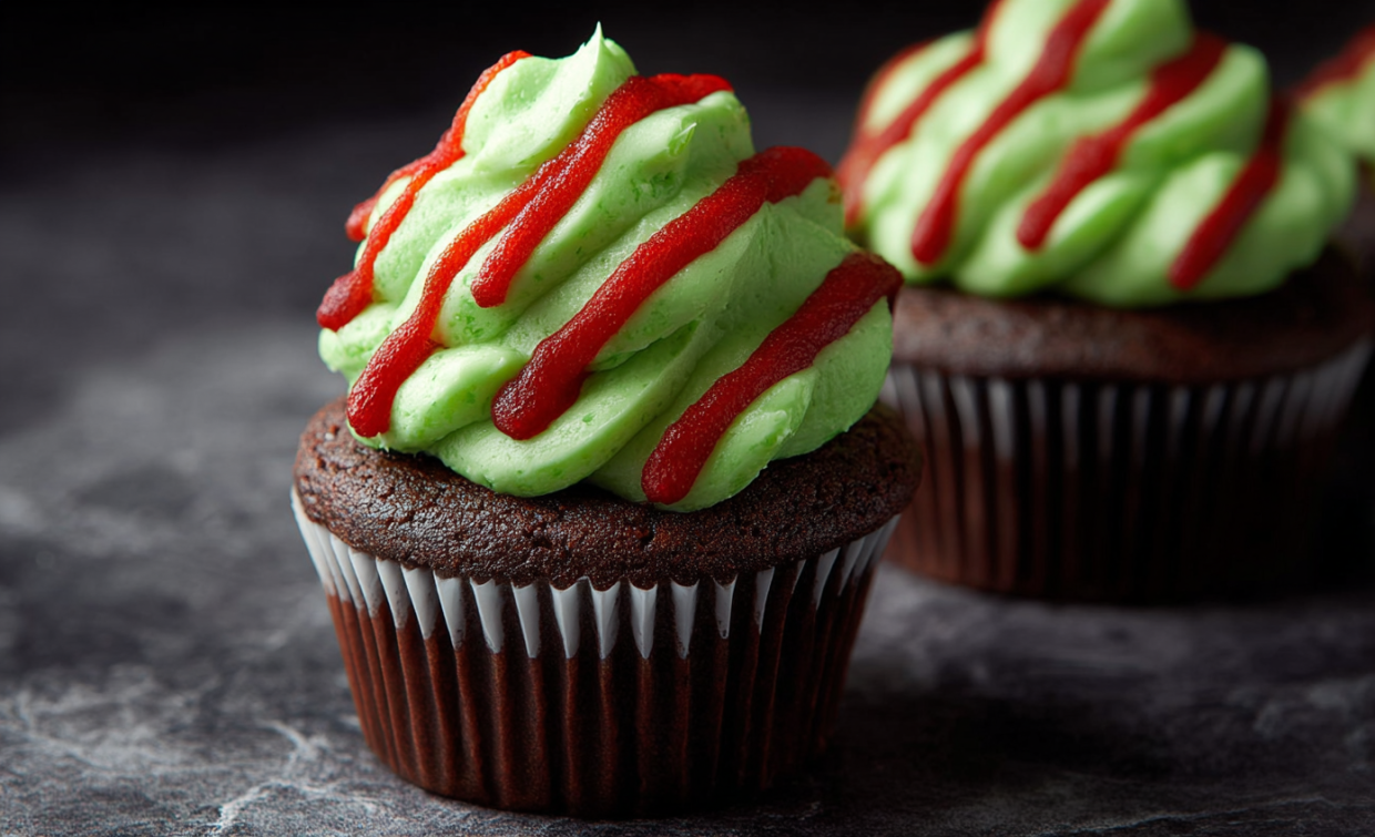 Two cupcakes with green frosting and red frosting.
