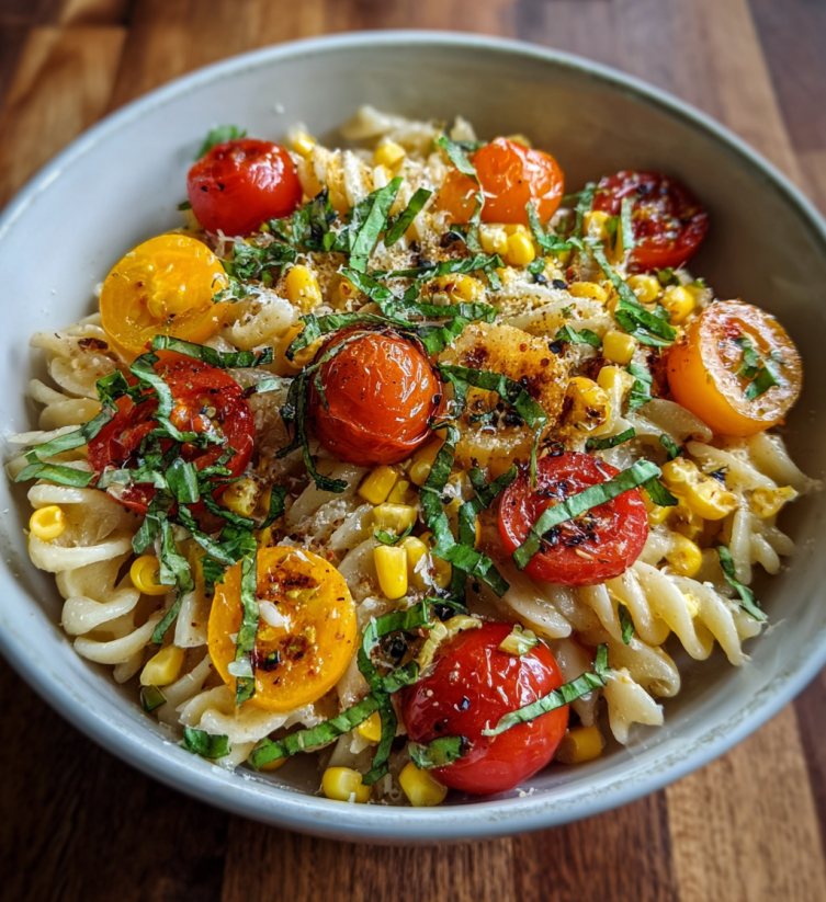 A bowl of pasta salad with tomatoes and corn.