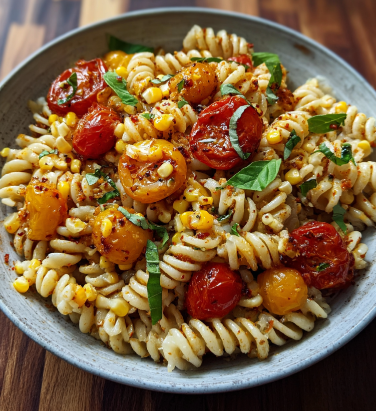 A bowl of pasta with tomatoes and corn.