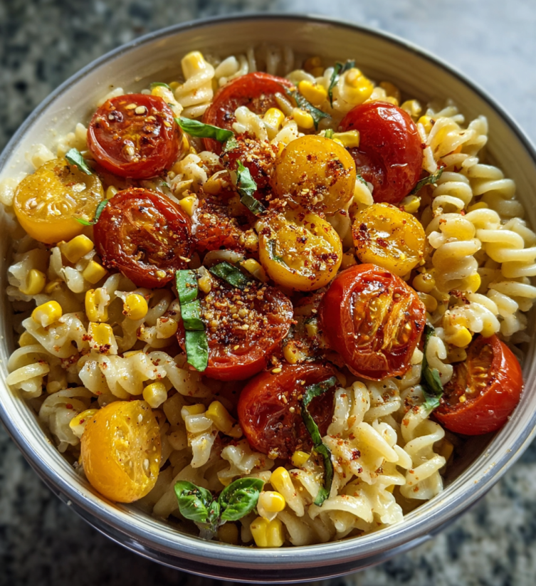 A bowl of pasta salad with tomatoes and corn.