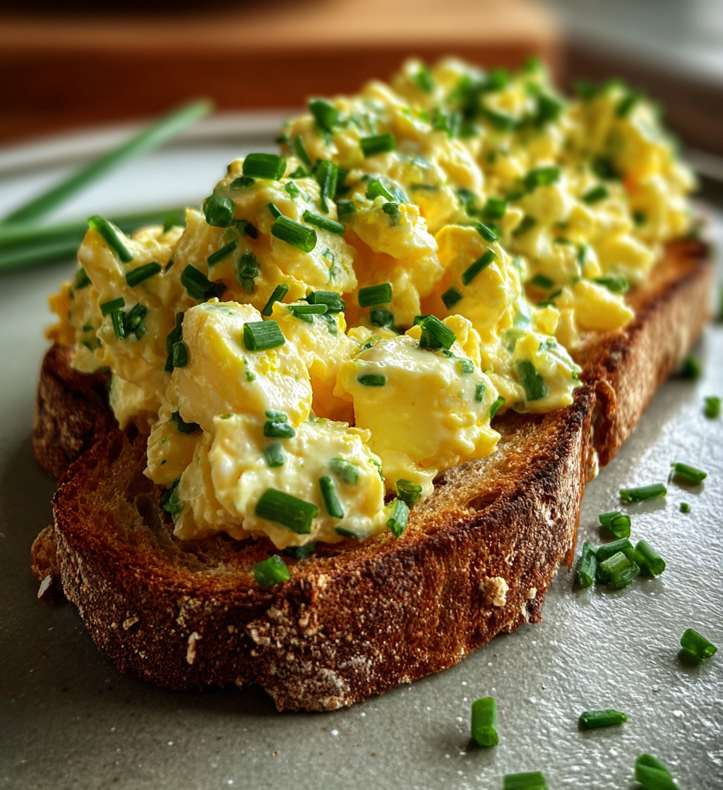 A slice of toast with egg salad on it.
