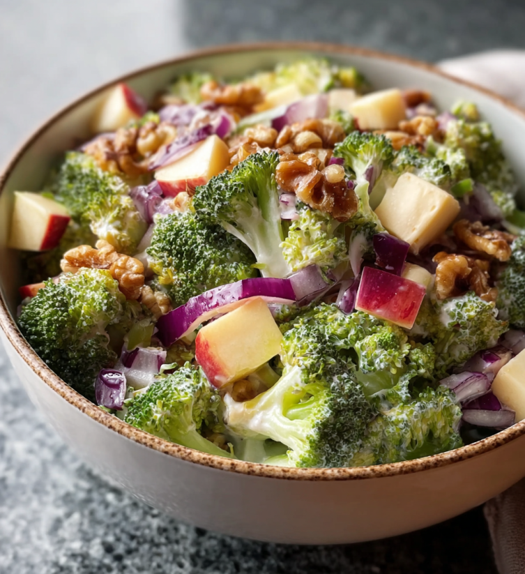 A bowl of broccoli salad with apples and walnuts.