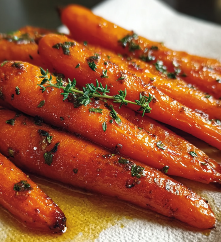 A plate of roasted carrots with herbs on top.