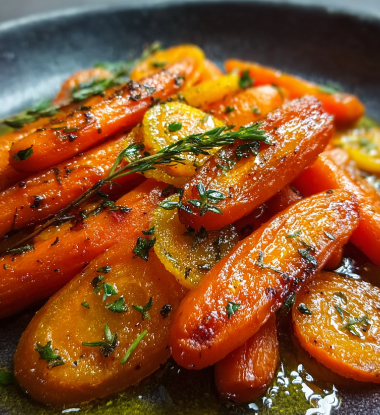 A plate of carrots with herbs on top.