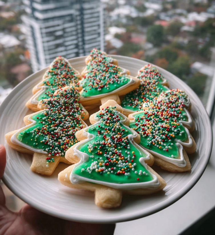 A plate of Christmas tree cookies.