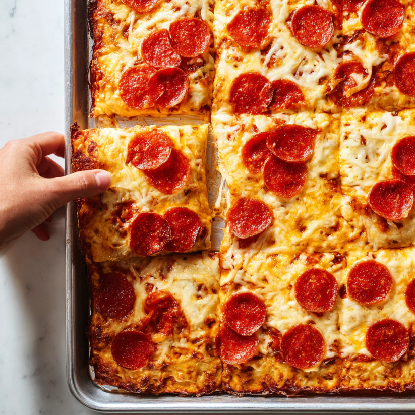 A person is holding a piece of pizza.