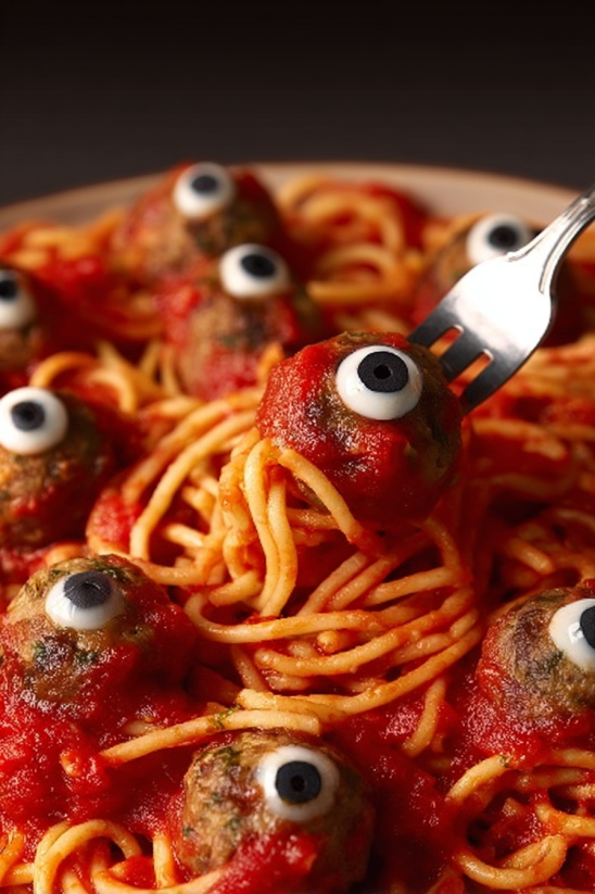 A plate of spaghetti with eyeballs on it.