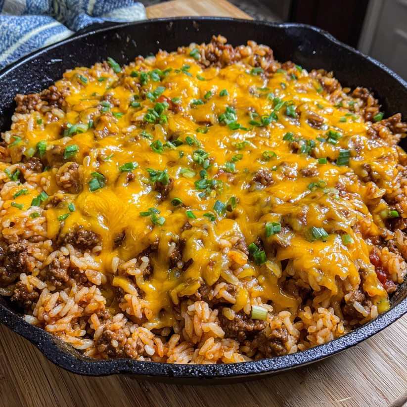 A skillet filled with rice and cheesy sloppy joe.