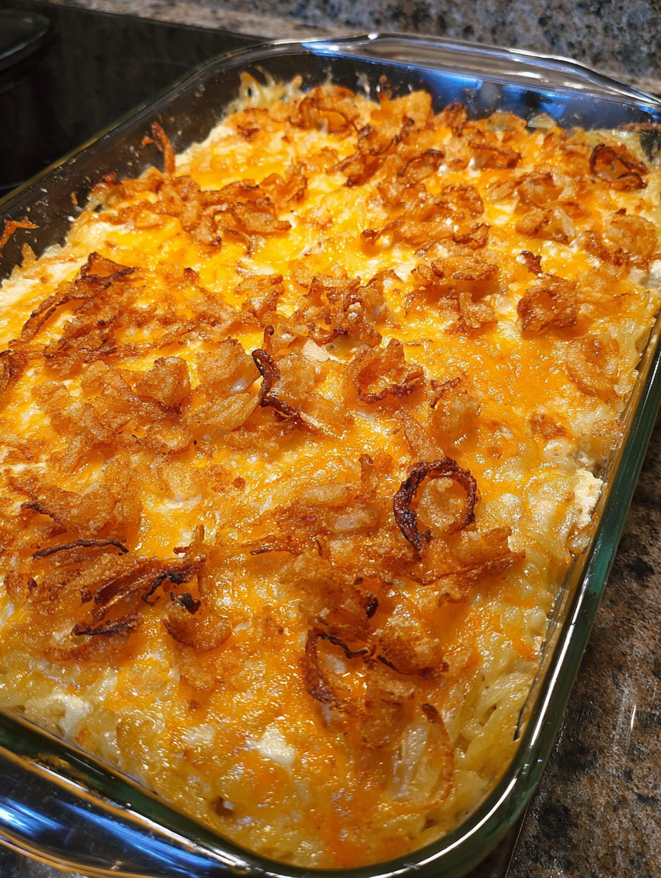 A dish of French Onion Chicken Hashbrown Casserole.
