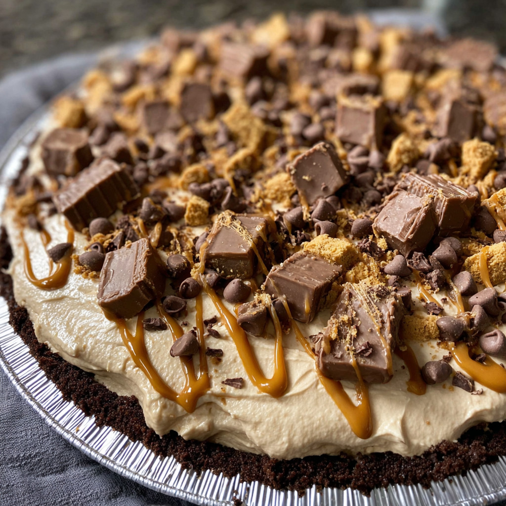 A Reese's Peanut Butter Pie with chocolate and peanut butter toppings.