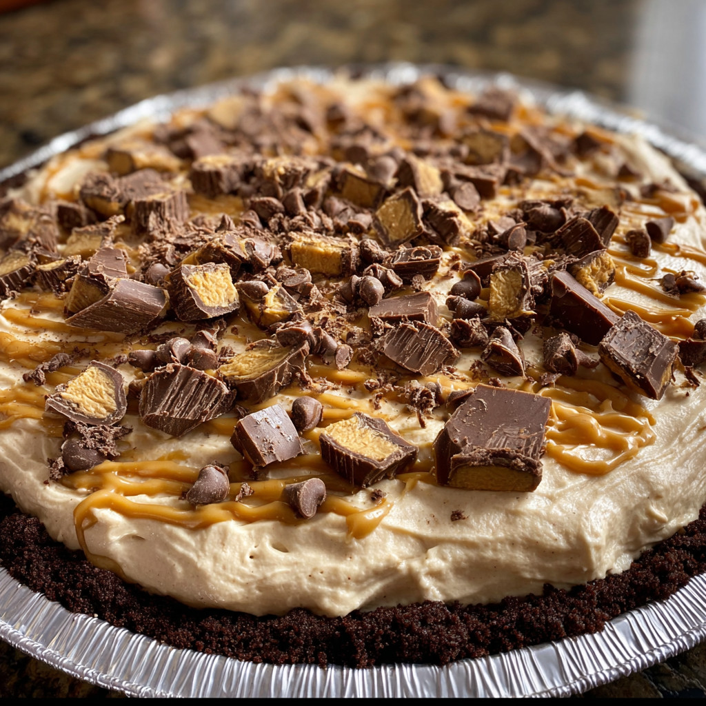 A pie with chocolate and peanut butter toppings.