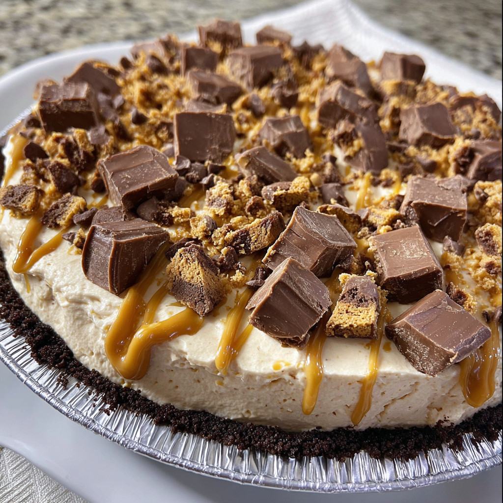 A Reese's Peanut Butter Pie with chocolate drizzle.