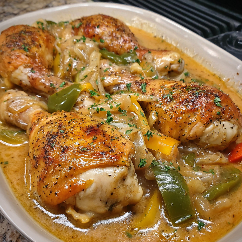 A plate of smothered chicken legs.