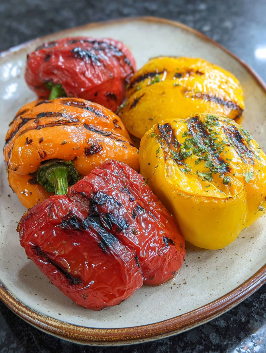 Four grilled bell peppers on a plate.