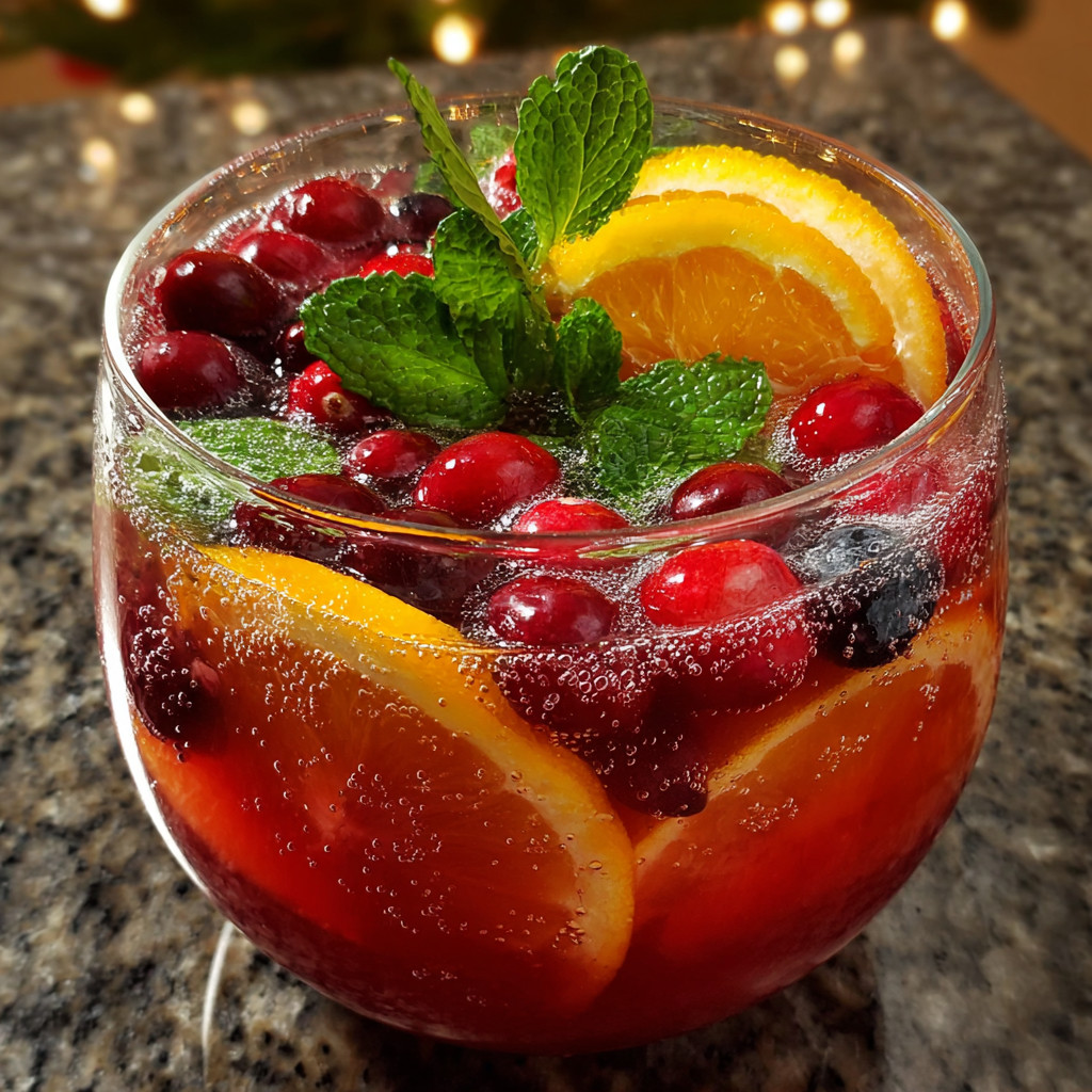 A glass of fruit punch with a mint garnish.