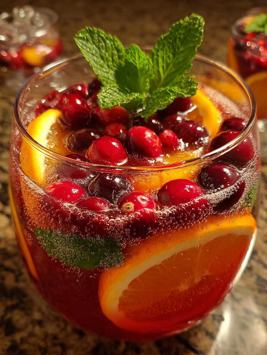 A glass of Christmas punch with a mint garnish.
