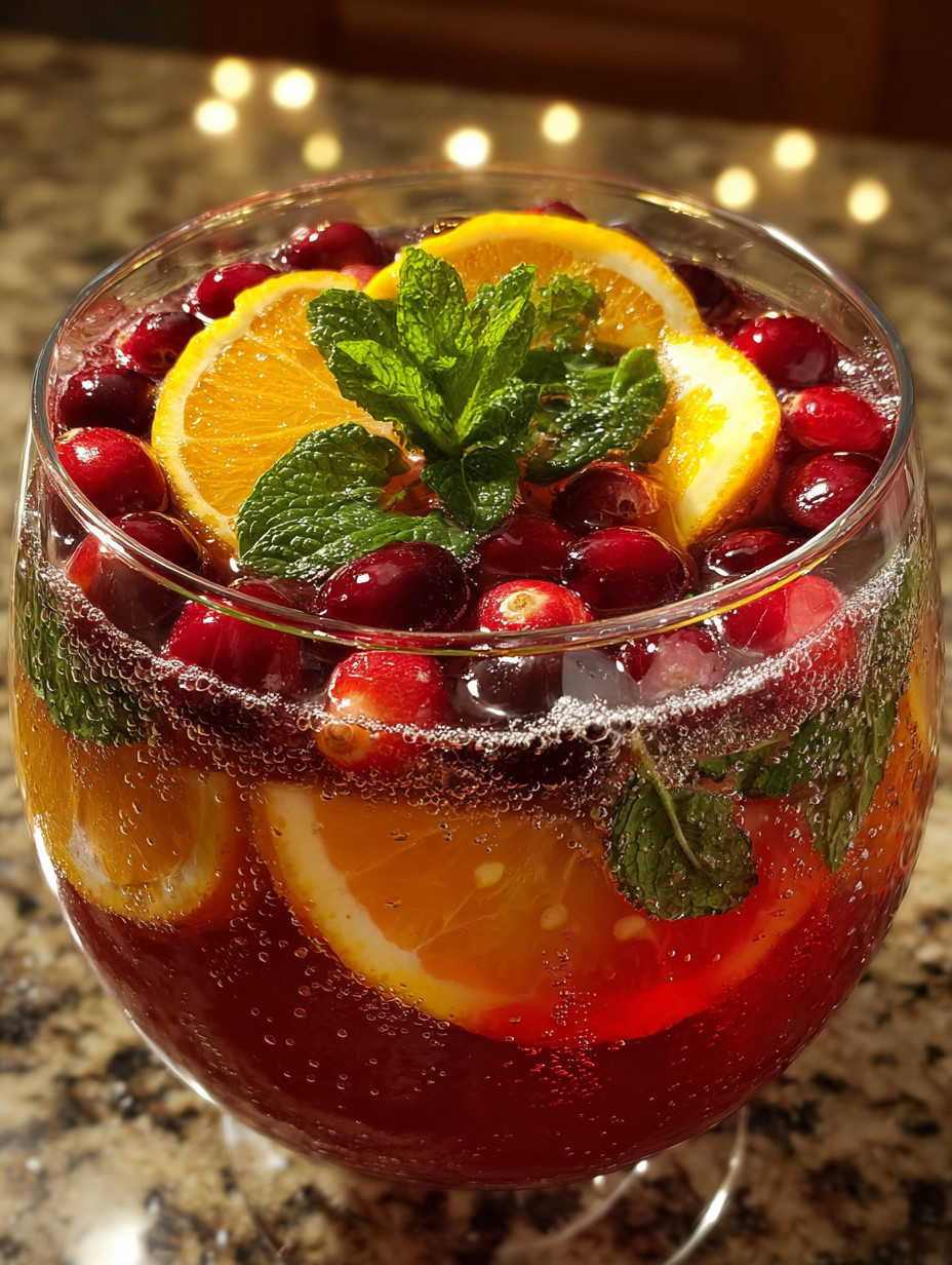 A glass of red wine with a slice of orange and a sprig of mint.