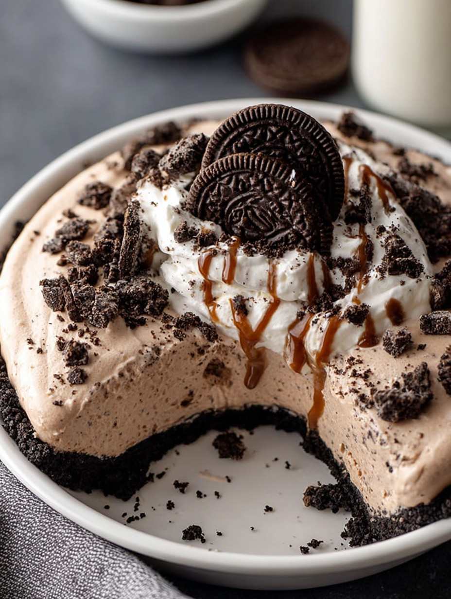 A chilled dessert with Oreo cookies and white cream.