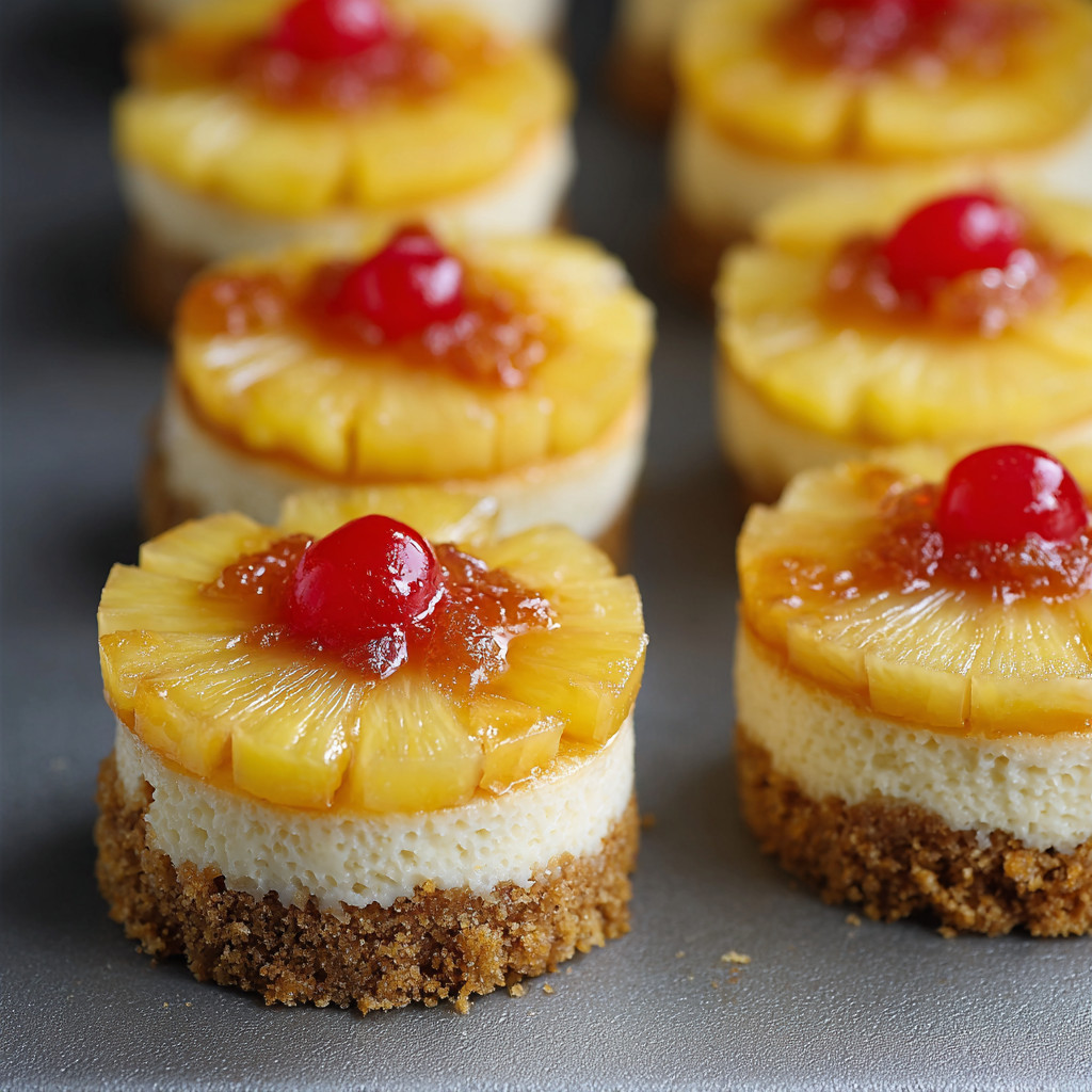 Mini pineapple upside down cheesecakes.
