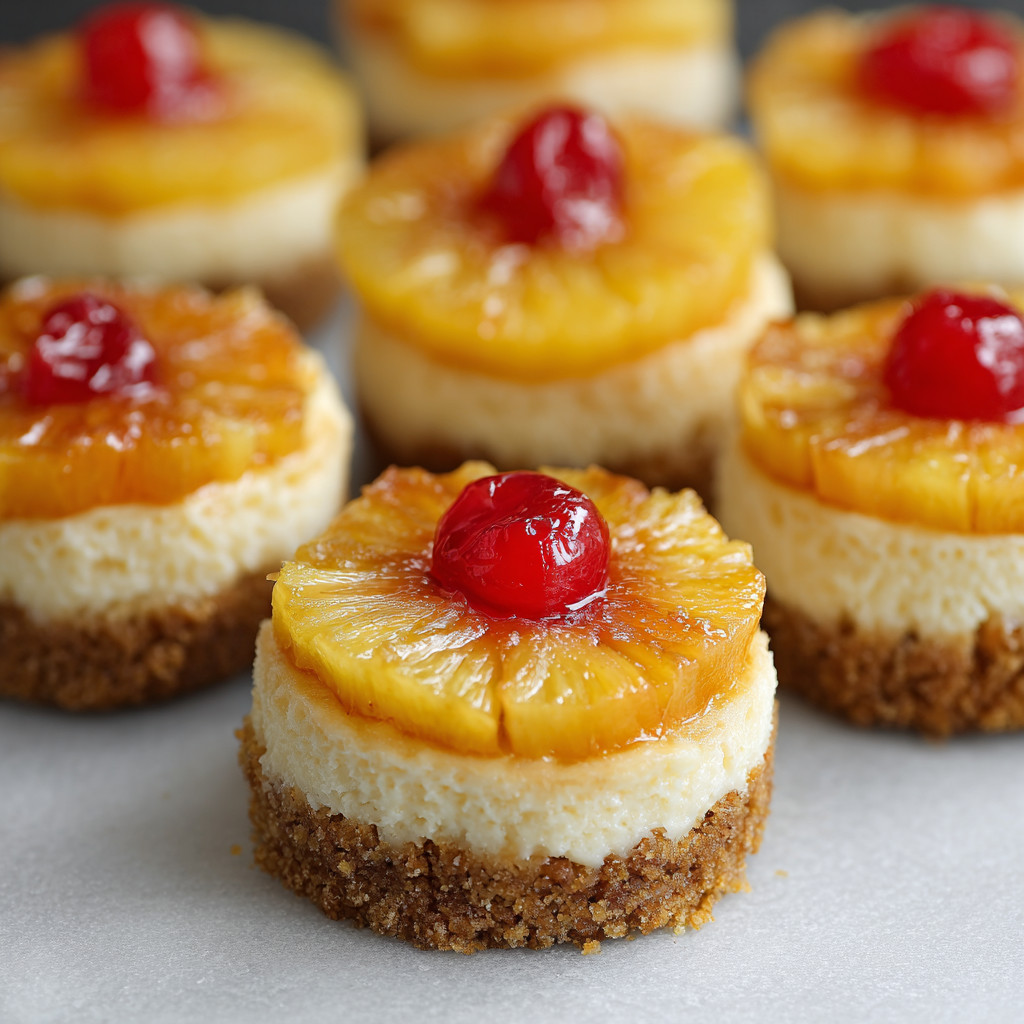 Mini pineapple upside down cheesecakes with cherries on top.