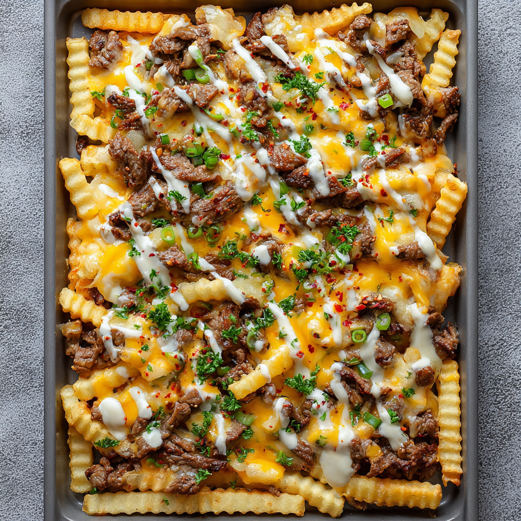 A pan of Philly Steak Cheese Fries.