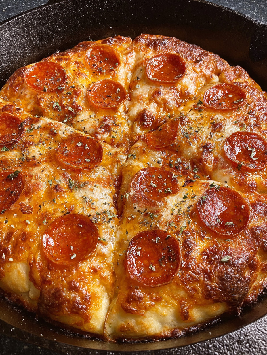A slice of pizza in a cast iron skillet.