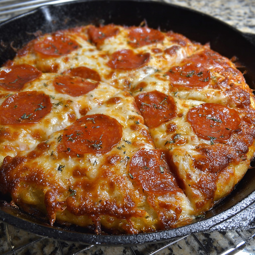 A pizza in a cast iron skillet.
