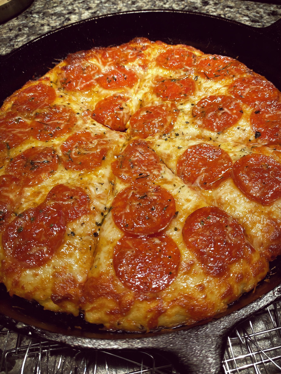 A pizza in a cast iron skillet.