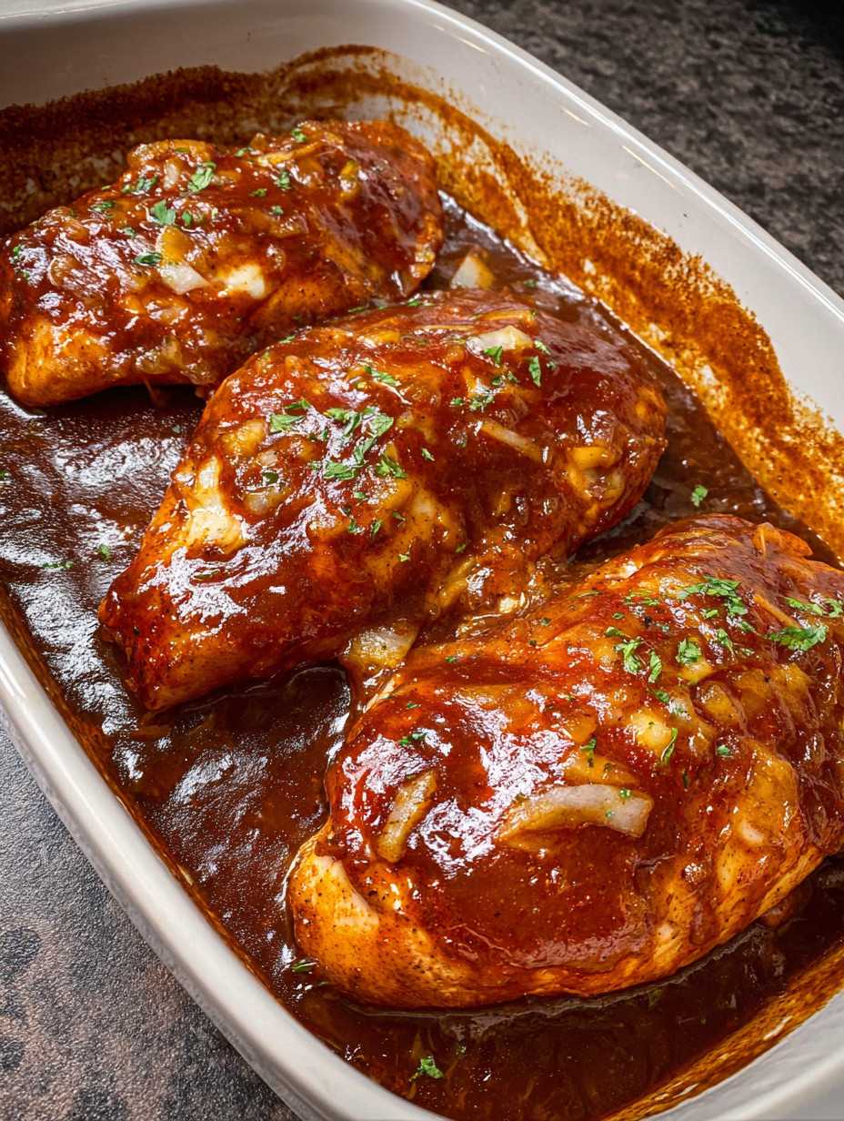 A dish of baked BBQ chicken.