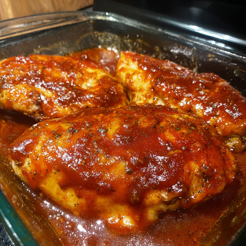 A pan of baked BBQ chicken.