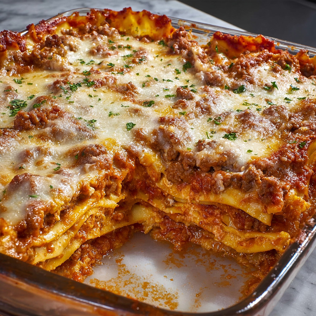 A pan of lasagna with meat and cheese.