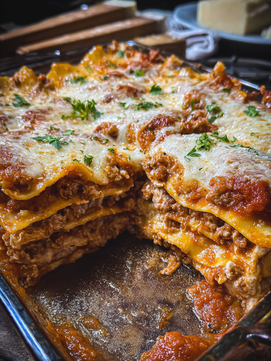 A pan of lasagna with meat and cheese.