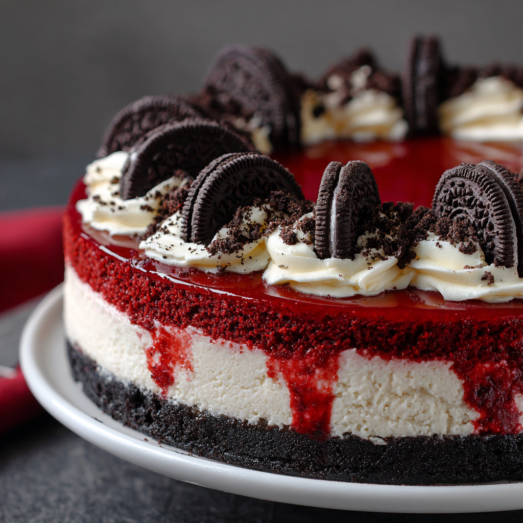 A slice of red velvet oreo cheesecake.