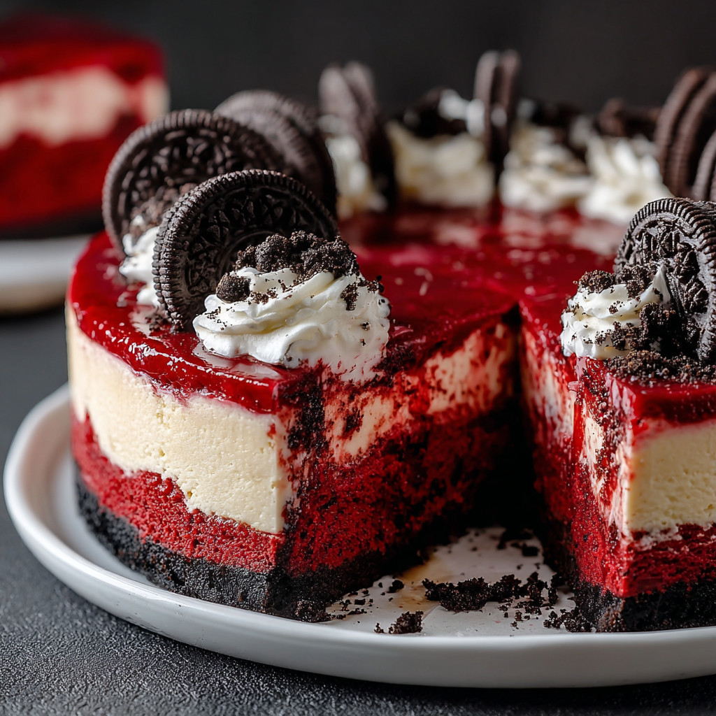 A slice of red velvet cheesecake with Oreo cookies on top.