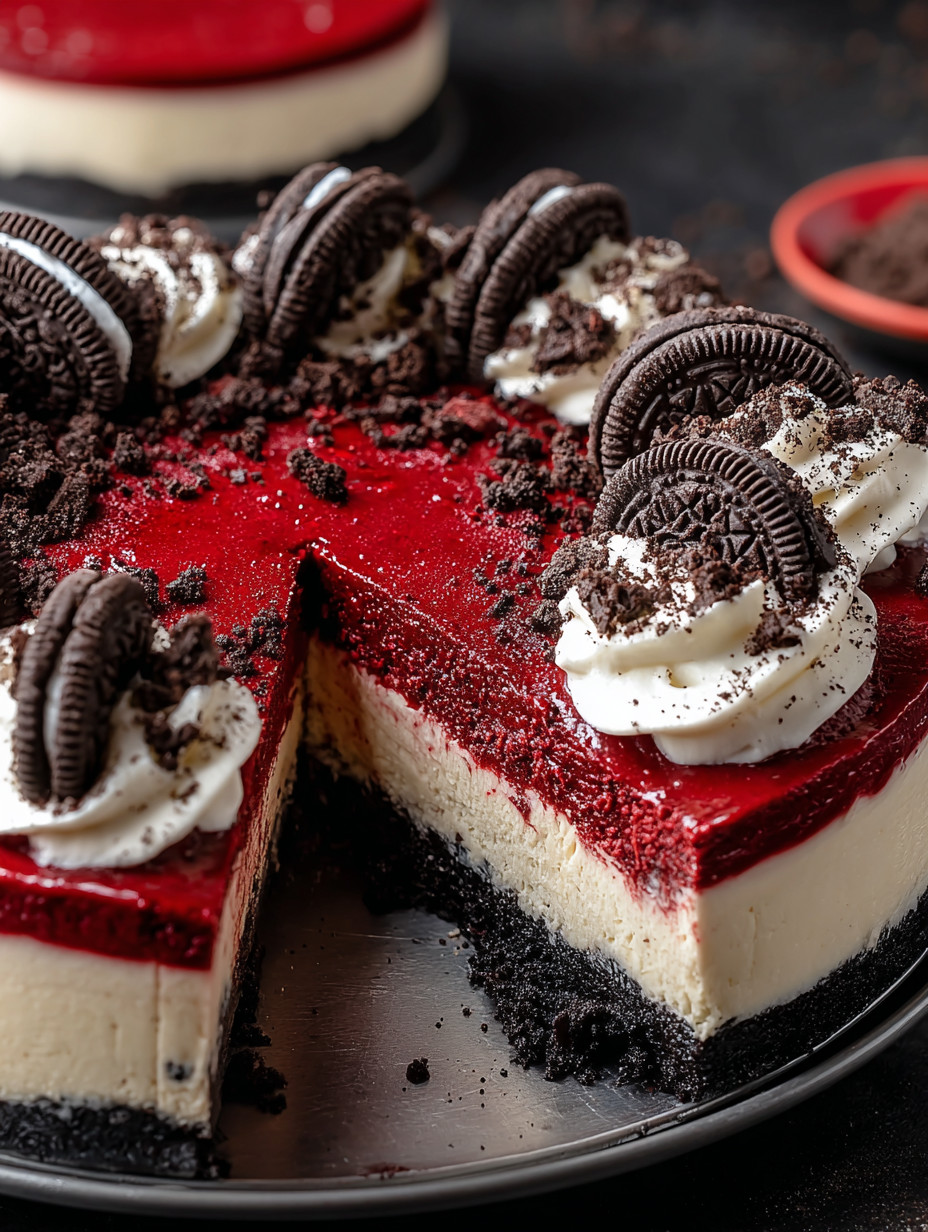 A slice of red velvet oreo cheesecake.
